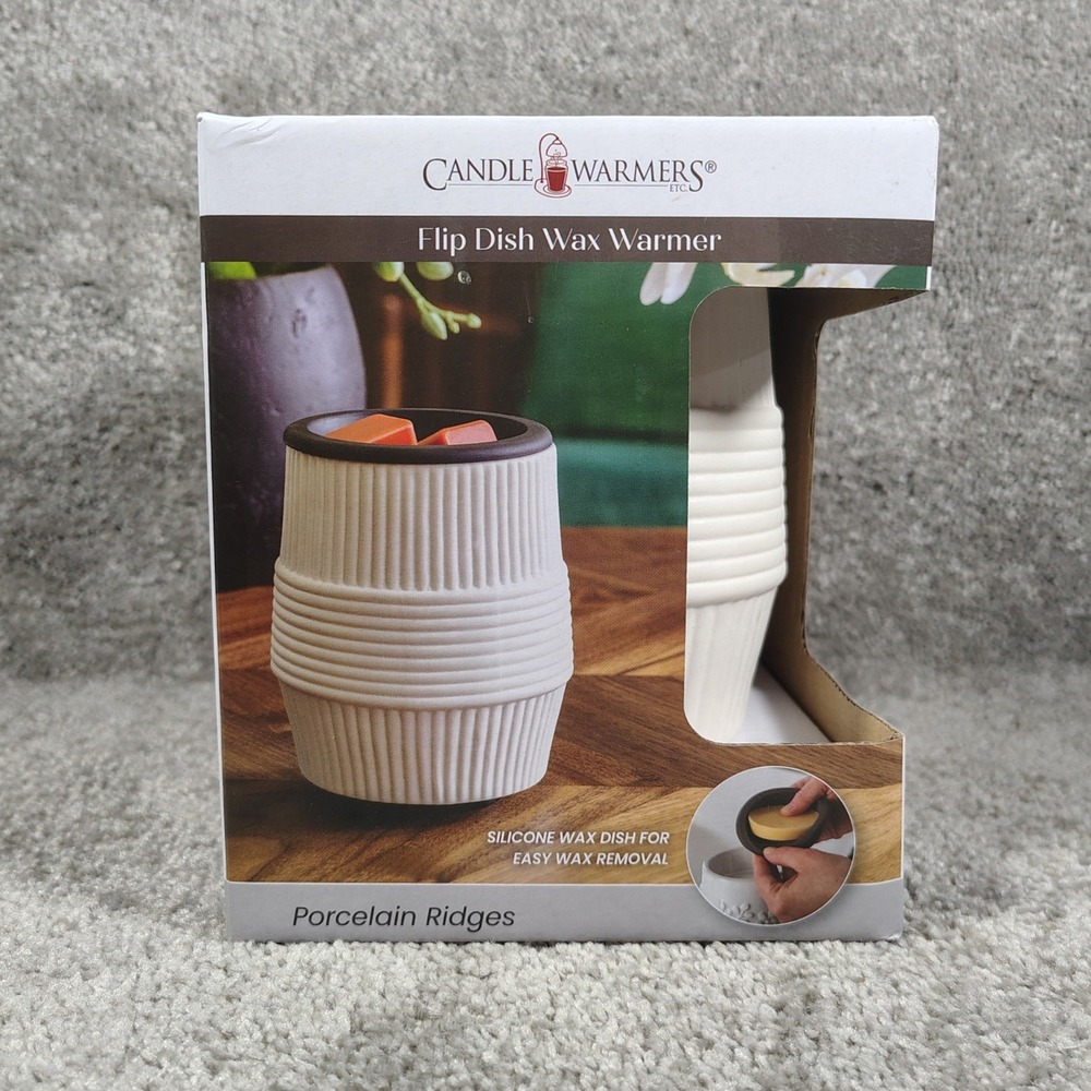 Candle Warmers Etc Flip Dish Wax Warmer White Porcelain Ridges Modern Home NIB